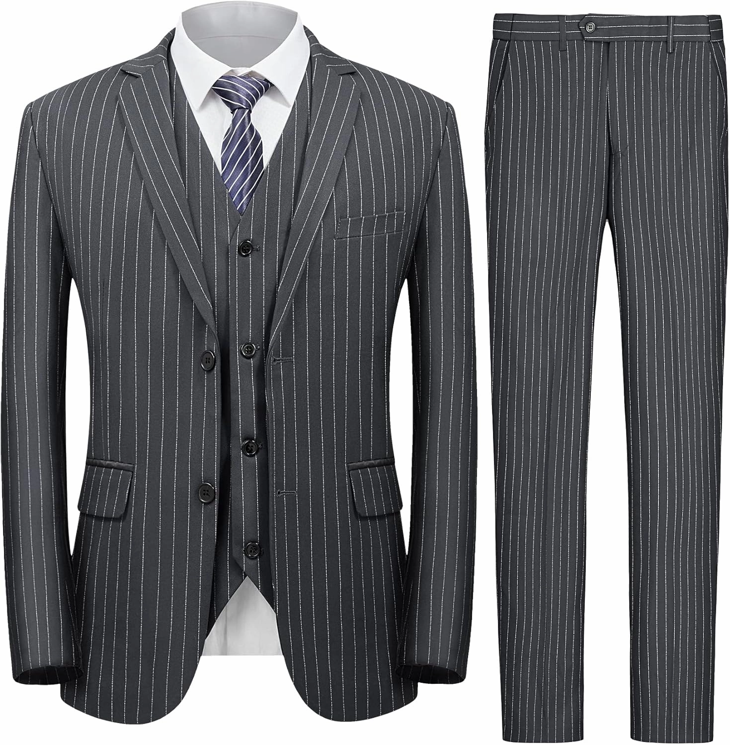 MAGE MALE Men’s Pinstripe 3 Piece Suit Slim Fit Elegant Single Breasted Business Wedding Party Blazer Vest& Pants Set