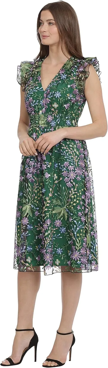 Maggy London Women's V-Neck Garden Floral Embroidered Dress Colorful Feminine Party Event Occasion Guest of