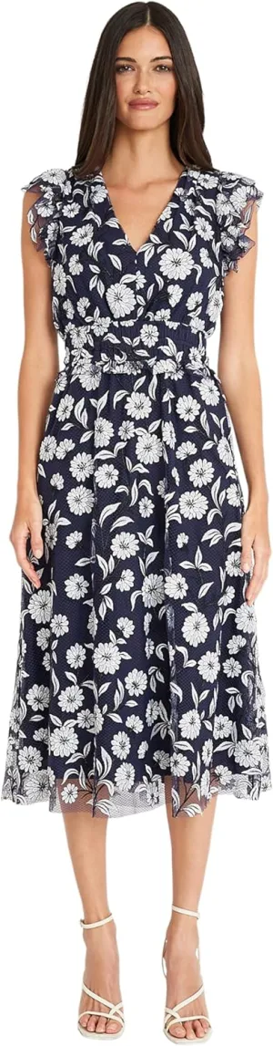 Maggy London Women's V-Neck Garden Floral Embroidered Dress Colorful Feminine Party Event Occasion Guest of