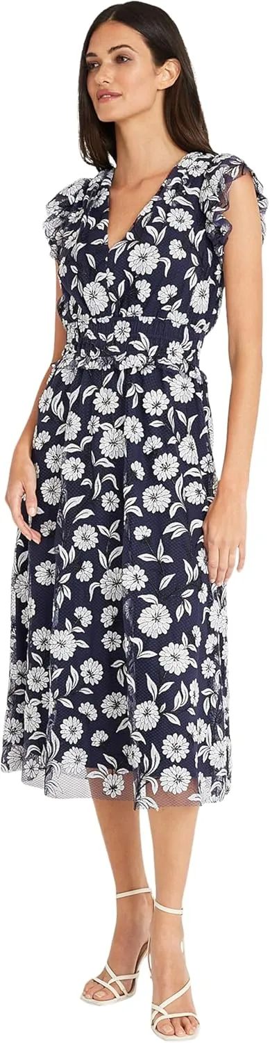 Maggy London Women's V-Neck Garden Floral Embroidered Dress Colorful Feminine Party Event Occasion Guest of