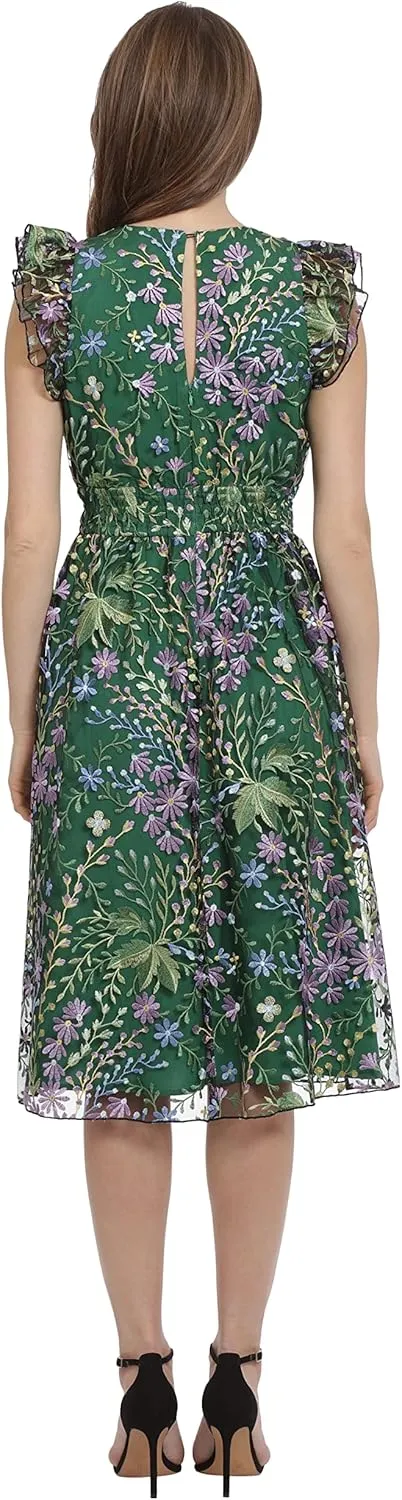 Maggy London Women's V-Neck Garden Floral Embroidered Dress Colorful Feminine Party Event Occasion Guest of