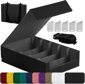 Magnetic Leather Trading Card Storage Box - 5-Row Deck Case Design, 3900  Capacity for YuGiOh, MTG, TCG and Sports Cards, Includes 24 Colorful Dividers & 5 Card Supports (15.8in, Black)