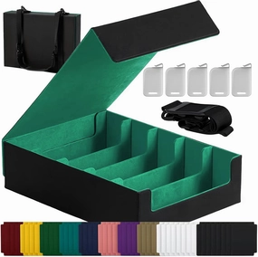 Magnetic Leather Trading Card Storage Box - 5-Row Deck Case Design, 3900  Capacity for YuGiOh, MTG, TCG and Sports Cards, Includes 24 Colorful Dividers & 5 Card Supports (Black/Green)