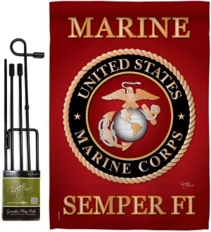 Marine Corps Garden Flag - Set with Stand Armed Forces USMC Semper Fi United State American Military Veteran Retire Official - House Banner Small Yard Gift Double-Sided Made In USA 13 X 18.5