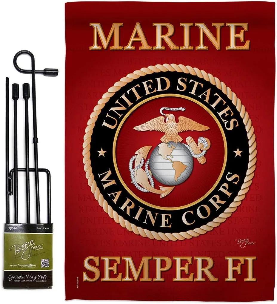 Marine Corps Garden Flag - Set with Stand Armed Forces USMC Semper Fi United State American Military Veteran Retire Official - House Banner Small Yard Gift Double-Sided Made In USA 13 X 18.5