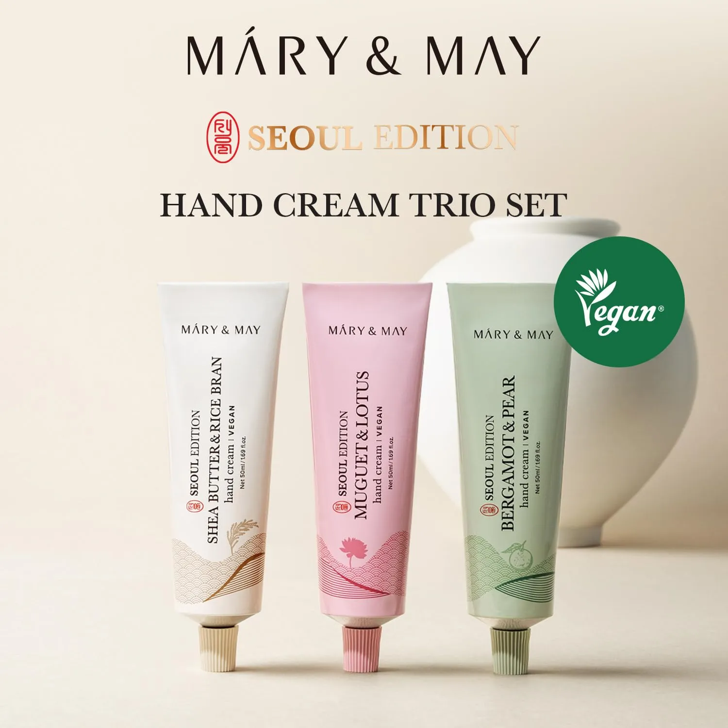Mary&May SEOUL EDITION Shea Butter & Rice Bran Hand Cream Trio Set - Korean Nourishing Vegan Hand Moisturizer for Soft, Healthy Hands - 3 Different Formula & Scent, 1.69oz. 3ea