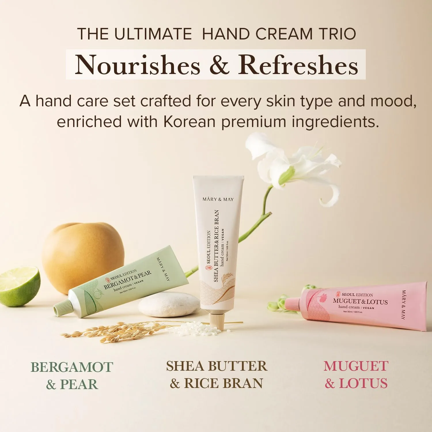 Mary&May SEOUL EDITION Shea Butter & Rice Bran Hand Cream Trio Set - Korean Nourishing Vegan Hand Moisturizer for Soft, Healthy Hands - 3 Different Formula & Scent, 1.69oz. 3ea