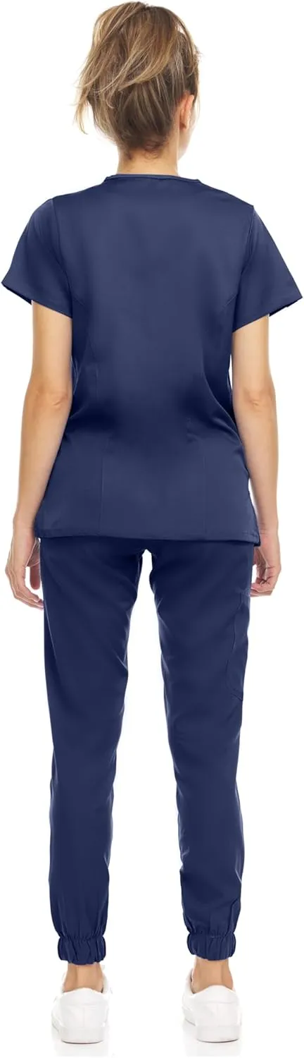 MediChic Scrub Sets for Women – 8-Pocket V-Neck Jogger Scrubs, Anti-Wrinkle, Stretch Medical Nursing Uniforms