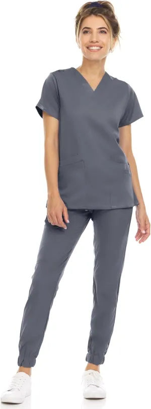 MediChic Scrub Sets for Women – 8-Pocket V-Neck Jogger Scrubs, Anti-Wrinkle, Stretch Medical Nursing Uniforms