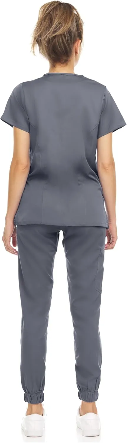 MediChic Scrub Sets for Women – 8-Pocket V-Neck Jogger Scrubs, Anti-Wrinkle, Stretch Medical Nursing Uniforms