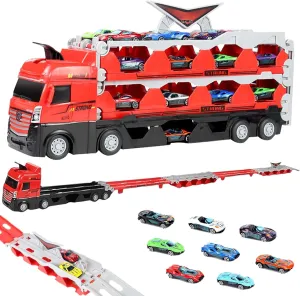 Mega Hauler Truck with Ejection Race Track, Kids' Deform Catapulting and Shooting Big Truck Folding Storage Transporter Toy for Boys Girls 3 Year Old  (with 8 Racing Cars)
