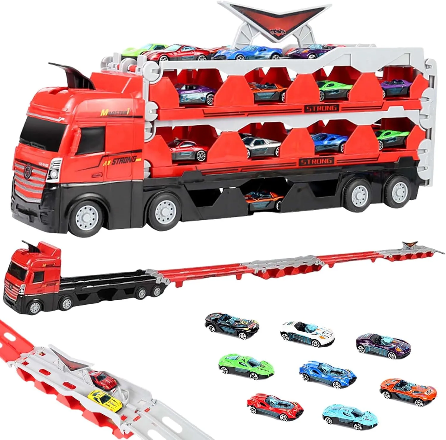 Mega Hauler Truck with Ejection Race Track, Kids' Deform Catapulting and Shooting Big Truck Folding Storage Transporter Toy for Boys Girls 3 Year Old  (with 8 Racing Cars)