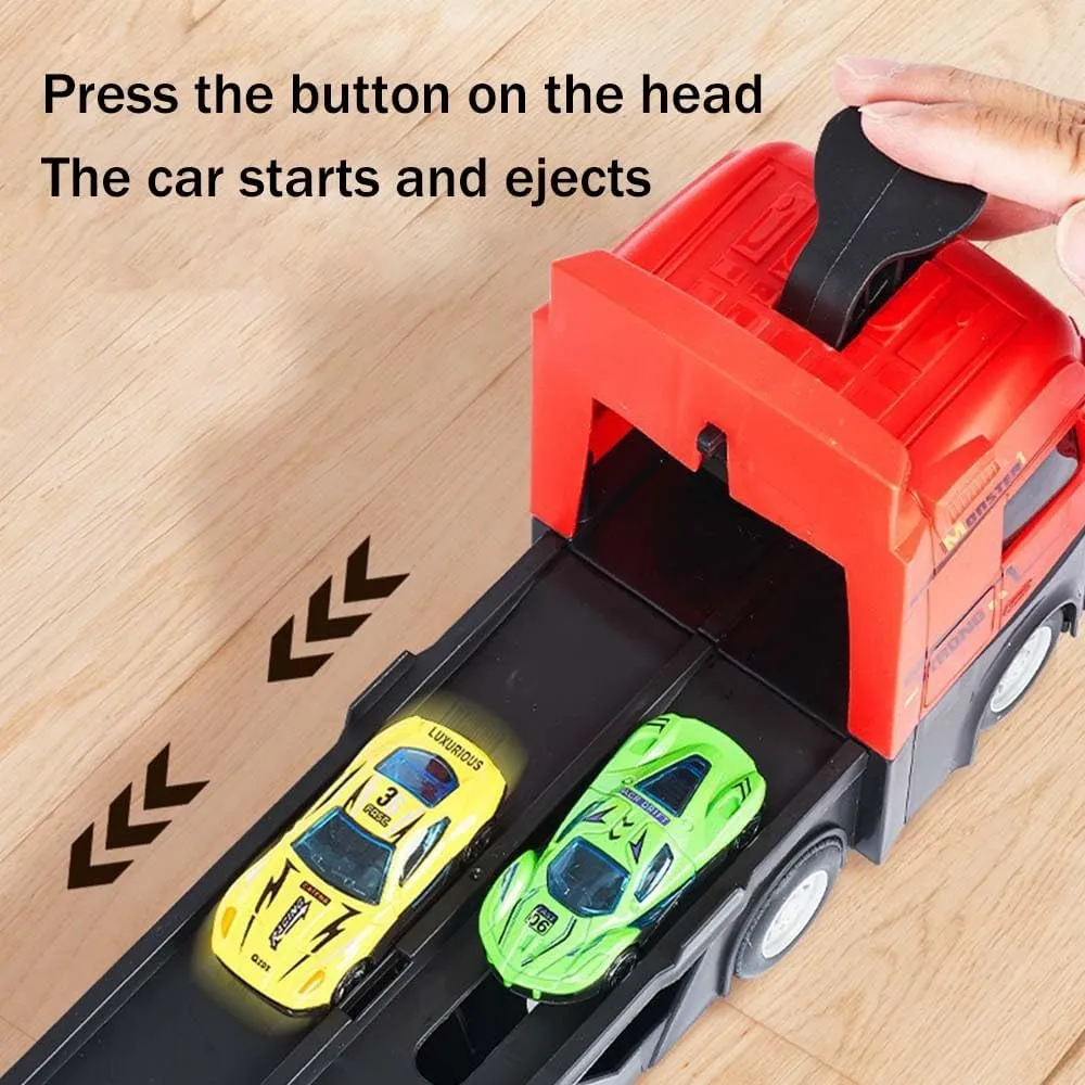 Mega Hauler Truck with Ejection Race Track, Kids' Deform Catapulting and Shooting Big Truck Folding Storage Transporter Toy for Boys Girls 3 Year Old  (with 8 Racing Cars)