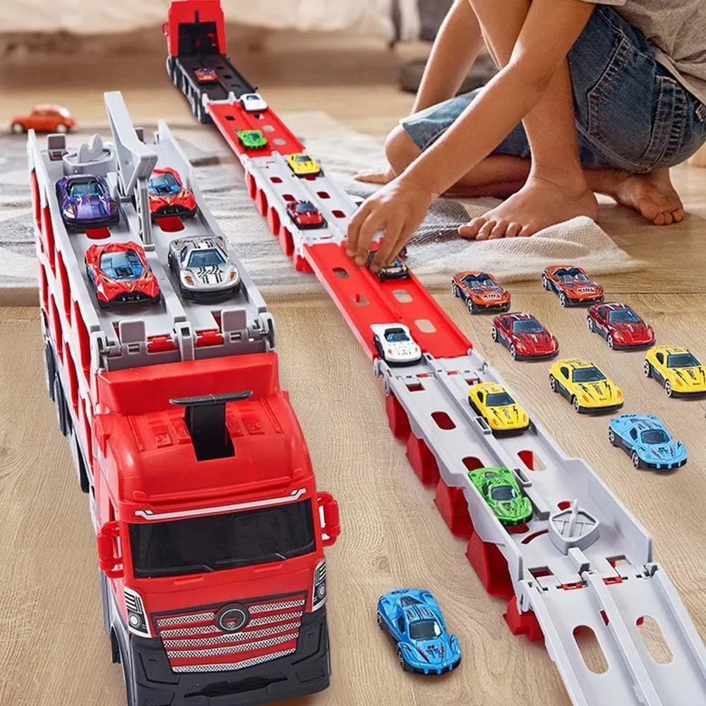 Mega Hauler Truck with Ejection Race Track, Kids' Deform Catapulting and Shooting Big Truck Folding Storage Transporter Toy for Boys Girls 3 Year Old  (with 8 Racing Cars)