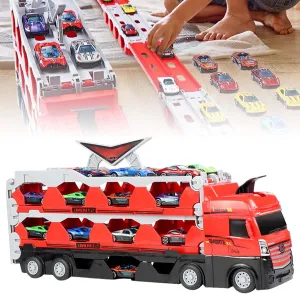 Mega Hauler Truck with Ejection Race Track, Kids Deform Catapulting and Shooting Big Truck Folding Storage Transporter Toy Set for Kids (with 8 Cars)
