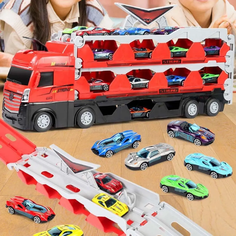 Mega Hauler Truck with Ejection Race Track, Kids Deform Catapulting and Shooting Big Truck Folding Storage Transporter Toy Set for Kids (with 8 Cars)