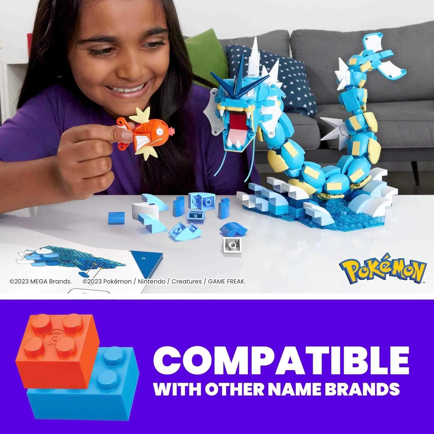 MEGA Pokemon Action Figure Building Set for Kids, Magikarp Development Set with 411 Pieces, Building Adjustable Gyarados, 20 Inch High, HNT95