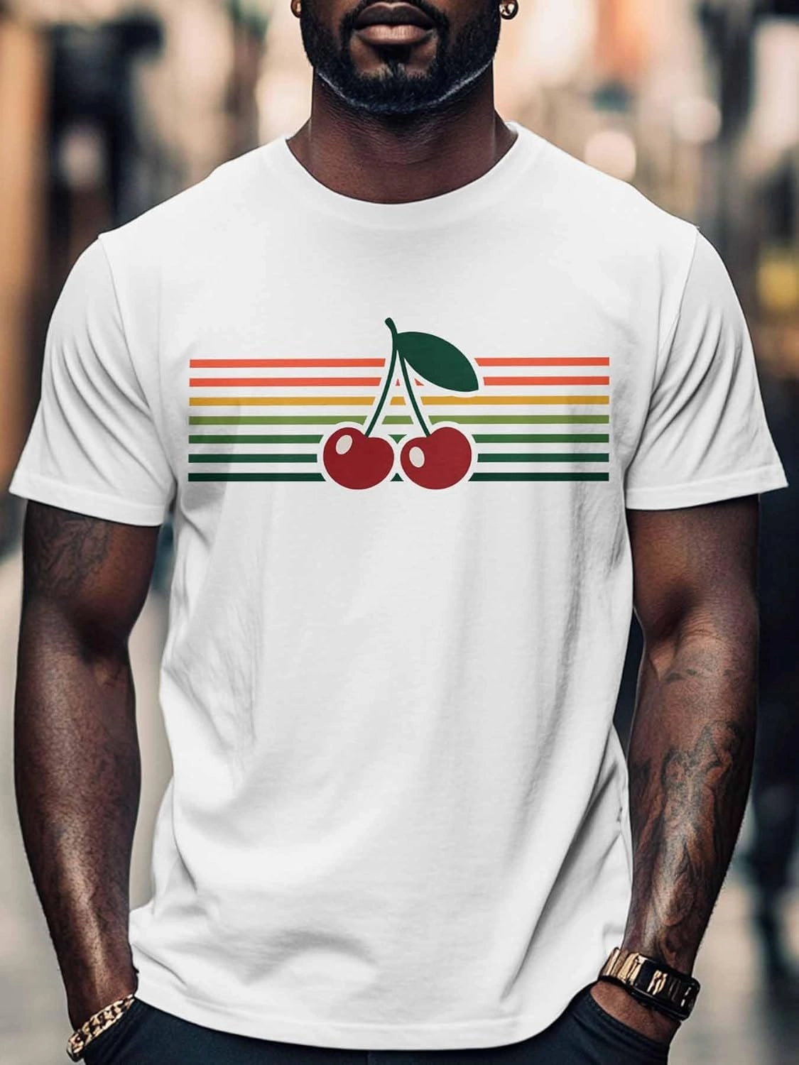 Men's T-Shirts Cherry Colorful Stripes Crew Neck Short Sleeve Graphic Tees