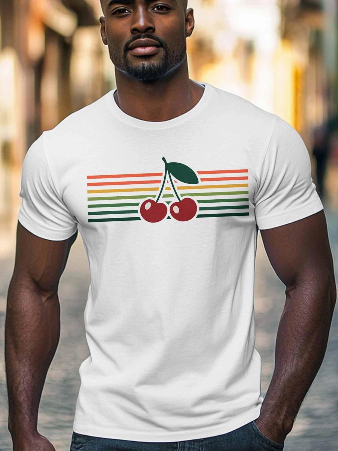 Men's T-Shirts Cherry Colorful Stripes Crew Neck Short Sleeve Graphic Tees