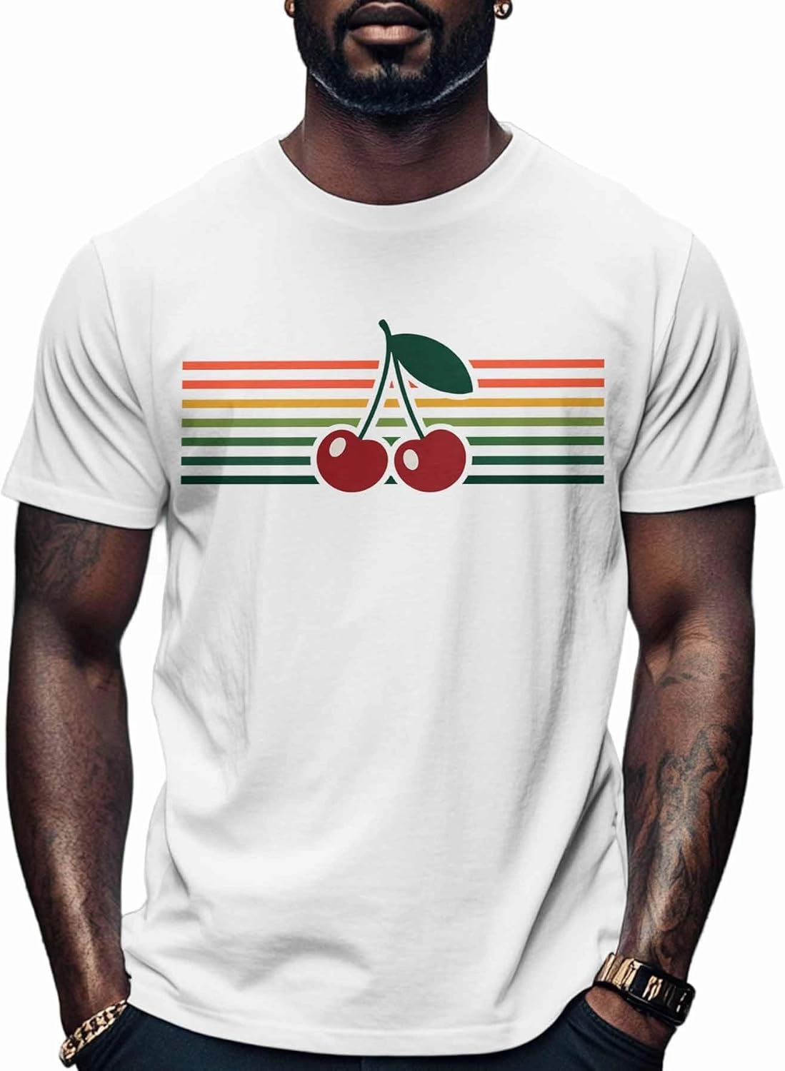 Men's T-Shirts Cherry Colorful Stripes Crew Neck Short Sleeve Graphic Tees