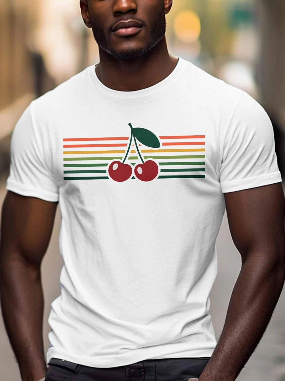 Men's T-Shirts Cherry Colorful Stripes Crew Neck Short Sleeve Graphic Tees