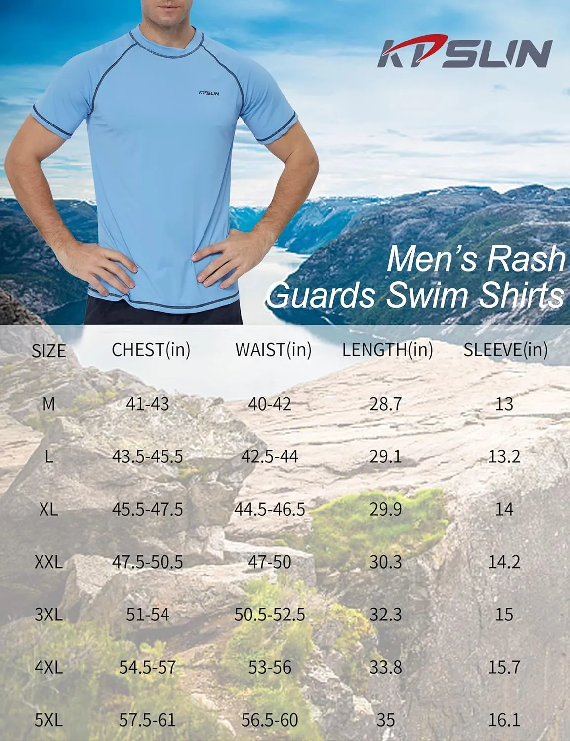 Mens Swim Shirts UPF 50  Sun Protection Quick Dry SPF Rash Guard Outdoor Beach Fishing T Shirts