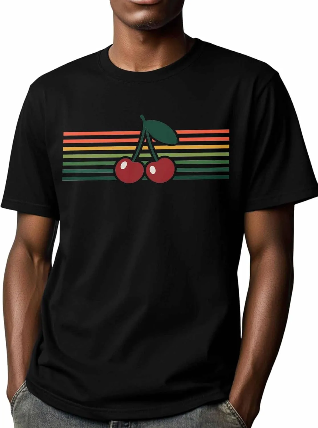 Men's T-Shirts Cherry Colorful Stripes Crew Neck Short Sleeve Graphic Tees