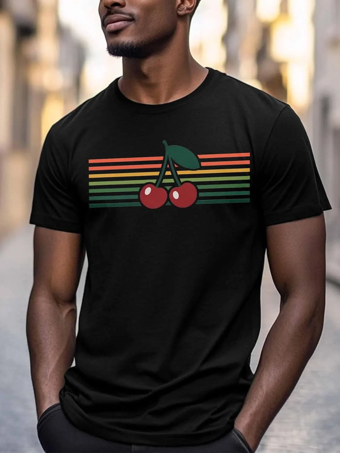 Men's T-Shirts Cherry Colorful Stripes Crew Neck Short Sleeve Graphic Tees