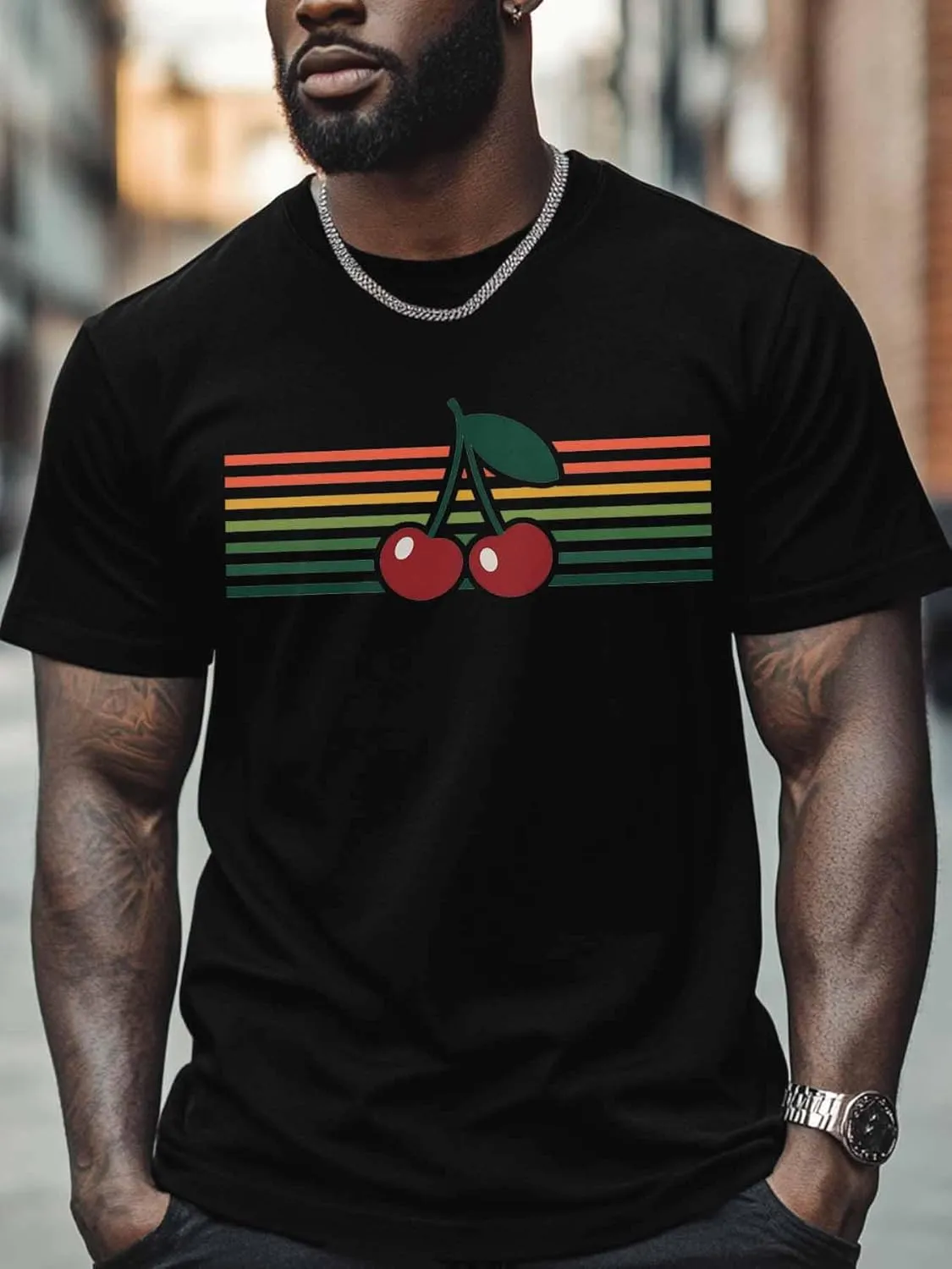Men's T-Shirts Cherry Colorful Stripes Crew Neck Short Sleeve Graphic Tees