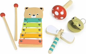 Mentari Toys - Woodland Music Set - 6pc Wooden Musical Instruments with Bear Xylophone, Frog Castanet, Toadstool Maraca and Dragonfly Clacker - Perfect for Rhythm and Fine Motor Skills - Age 3 