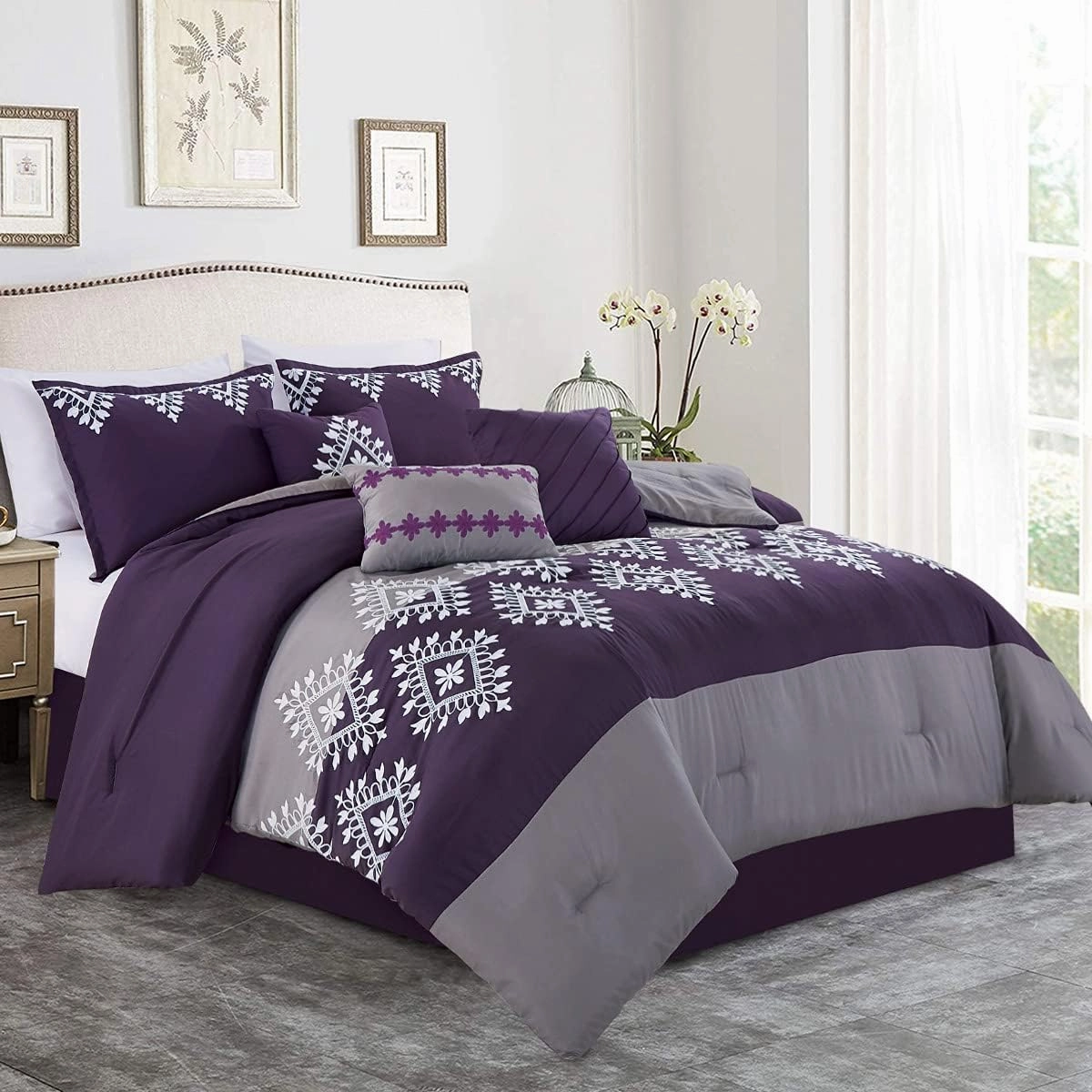MERRY HOME Bedding Comforter Sets - Bed in A Bag King Size Comforter Set(400GSM), 7 Pieces Comforter Set Soft and Comfortable for All Season(Purple&Gray, King)