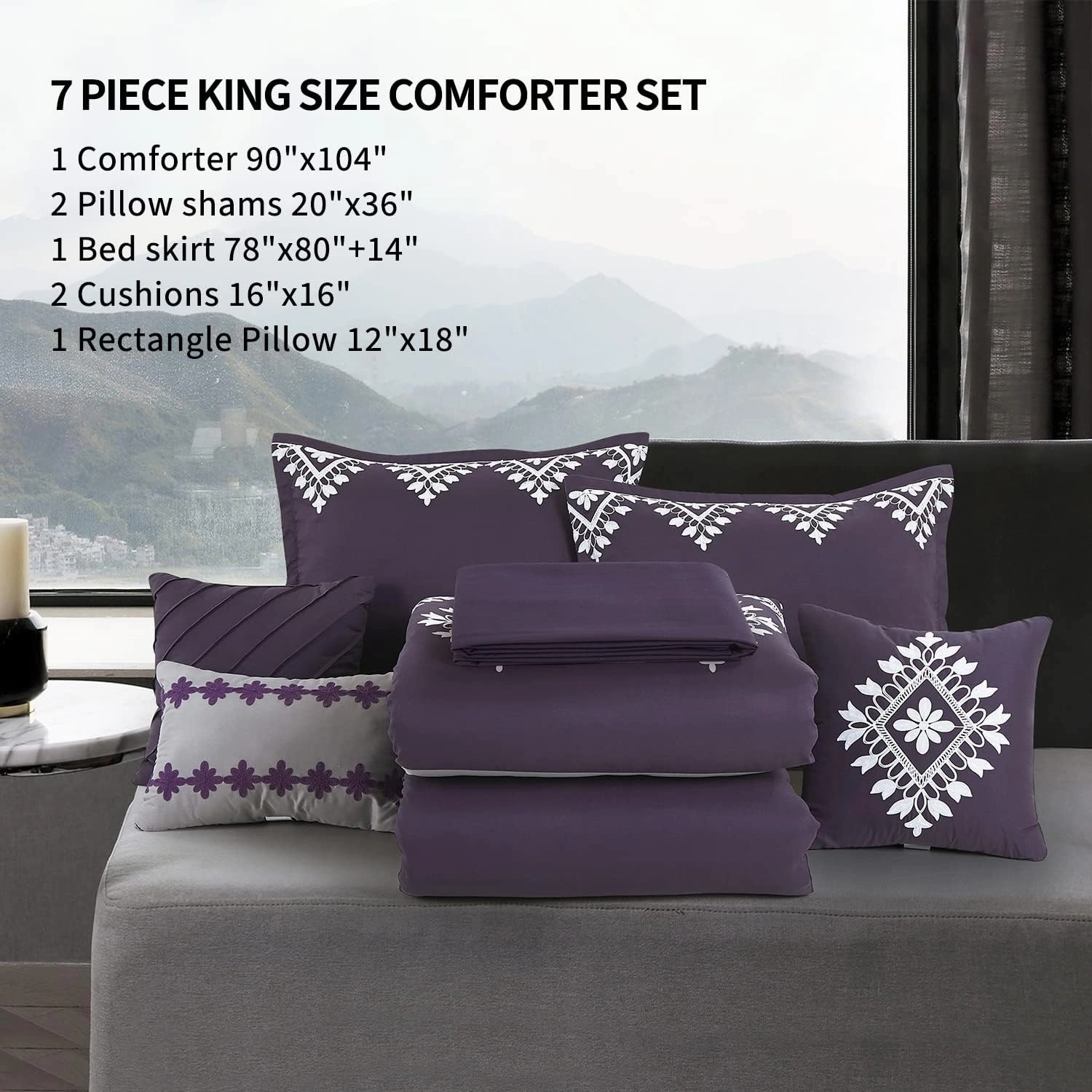MERRY HOME Bedding Comforter Sets - Bed in A Bag King Size Comforter Set(400GSM), 7 Pieces Comforter Set Soft and Comfortable for All Season(Purple&Gray, King)