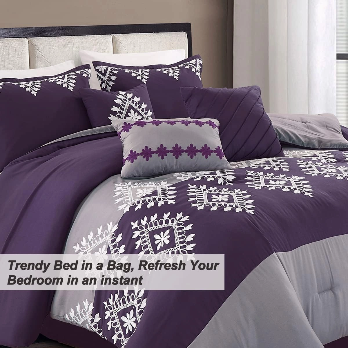 MERRY HOME Bedding Comforter Sets - Bed in A Bag King Size Comforter Set(400GSM), 7 Pieces Comforter Set Soft and Comfortable for All Season(Purple&Gray, King)