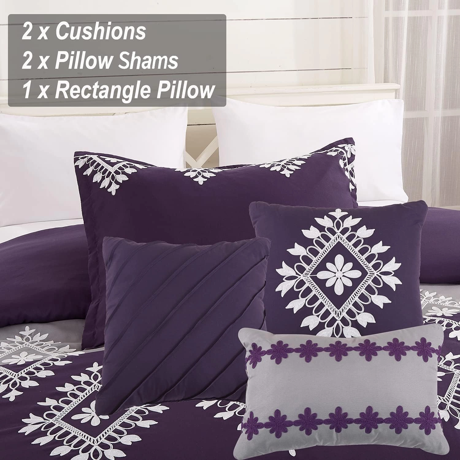 MERRY HOME Bedding Comforter Sets - Bed in A Bag King Size Comforter Set(400GSM), 7 Pieces Comforter Set Soft and Comfortable for All Season(Purple&Gray, King)