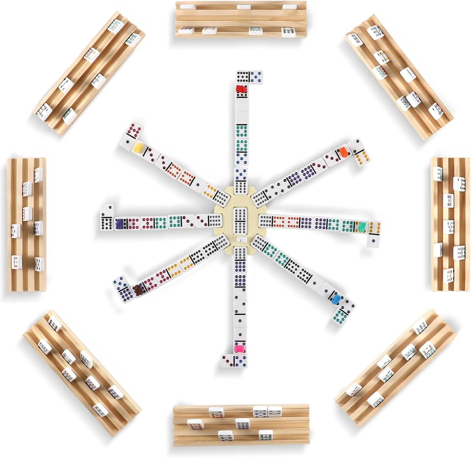Mexican Train Dominoes Set with 8 Wooden Trays/Racks, Double 12 Dominos Travel Set with 8 Domino Tiles Holders, 91 Tiles Double 12 Colored Dominoes Game Set with Portable Case for Families Kids