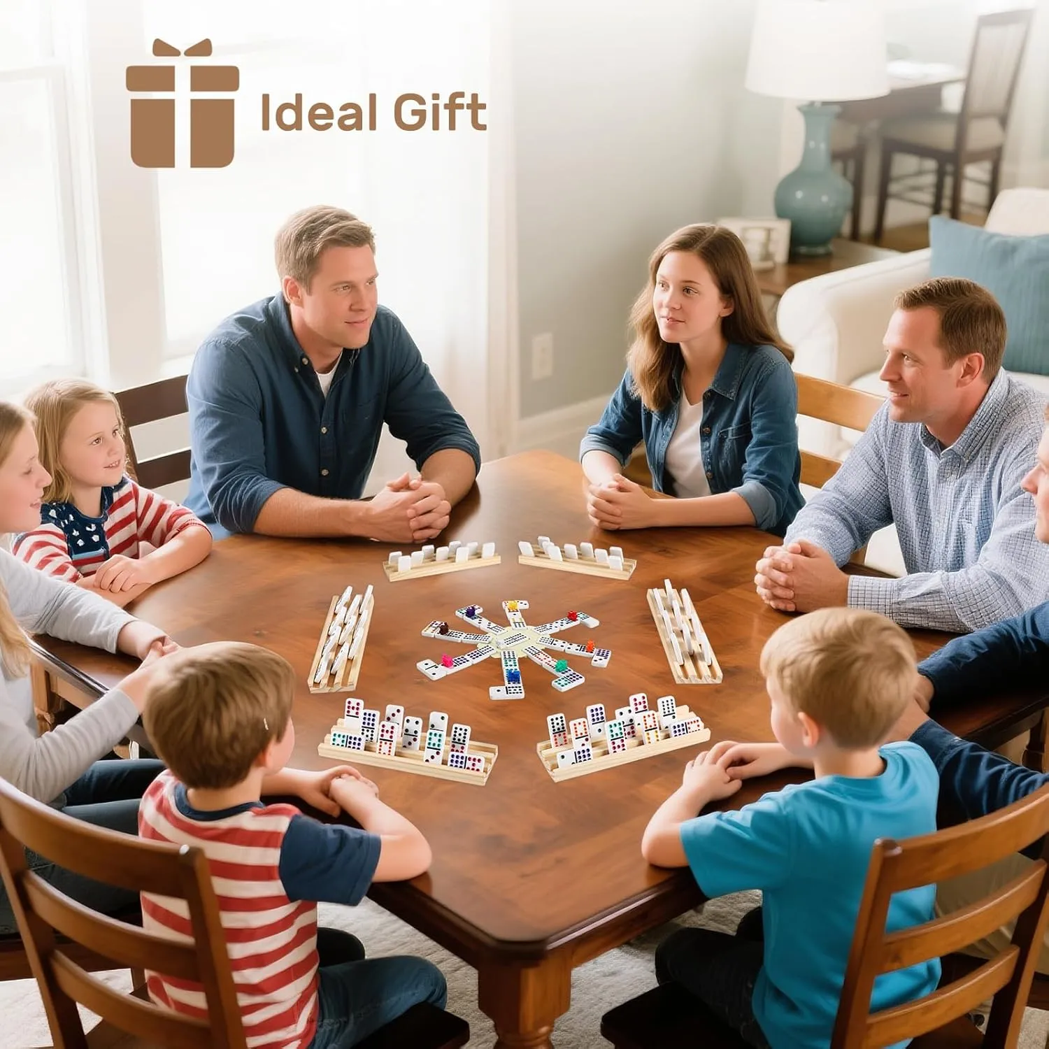 Mexican Train Dominoes Set with 8 Wooden Trays/Racks, Double 12 Dominos Travel Set with 8 Domino Tiles Holders, 91 Tiles Double 12 Colored Dominoes Game Set with Portable Case for Families Kids