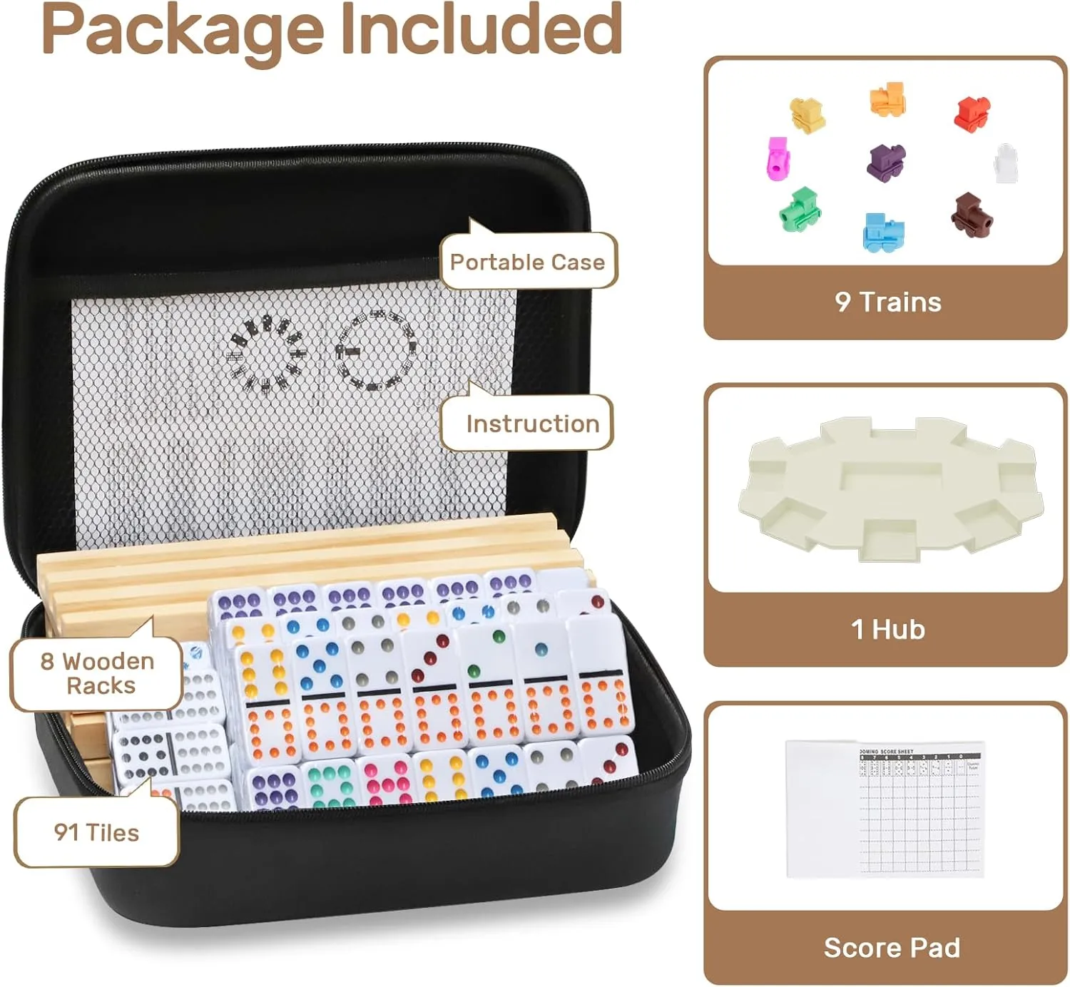 Mexican Train Dominoes Set with 8 Wooden Trays/Racks, Double 12 Dominos Travel Set with 8 Domino Tiles Holders, 91 Tiles Double 12 Colored Dominoes Game Set with Portable Case for Families Kids
