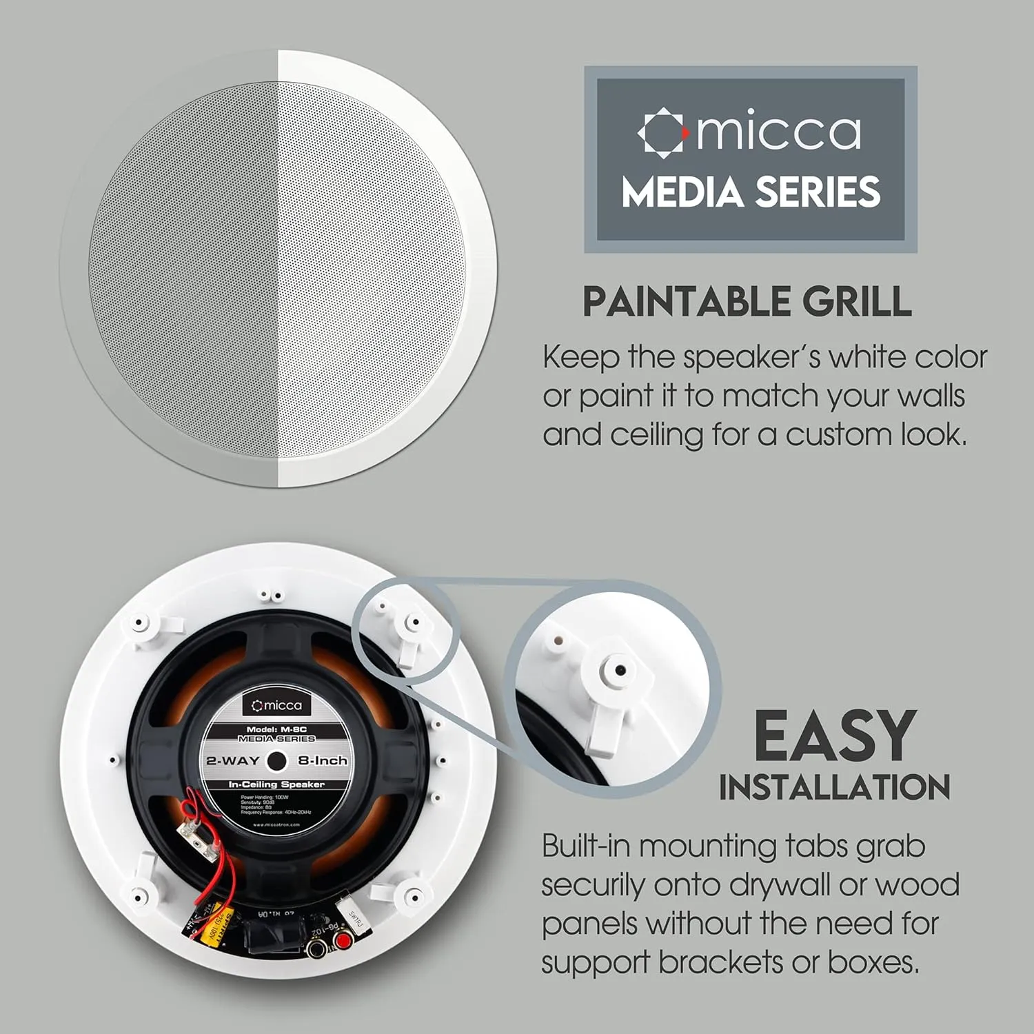 Micca M-8C 2-Way in-Ceiling Round Speaker, 9.4" Cutout Diameter, Whole House Audio, Home Theater, Indoor or Covered Outdoor, 8" Woofer, 1" Tweeter, White, Paintable, Each