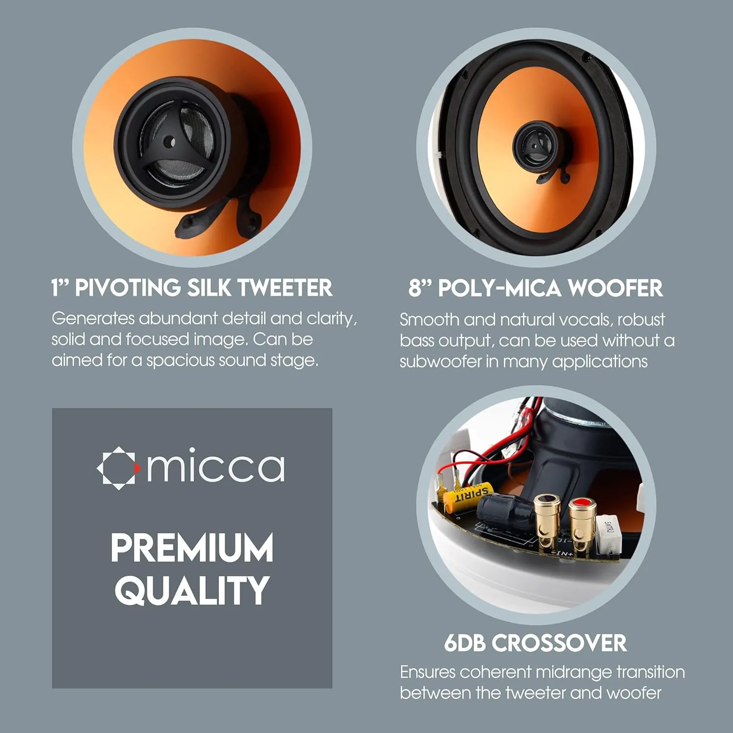 Micca M-8C 2-Way in-Ceiling Round Speaker, 9.4" Cutout Diameter, Whole House Audio, Home Theater, Indoor or Covered Outdoor, 8" Woofer, 1" Tweeter, White, Paintable, Each