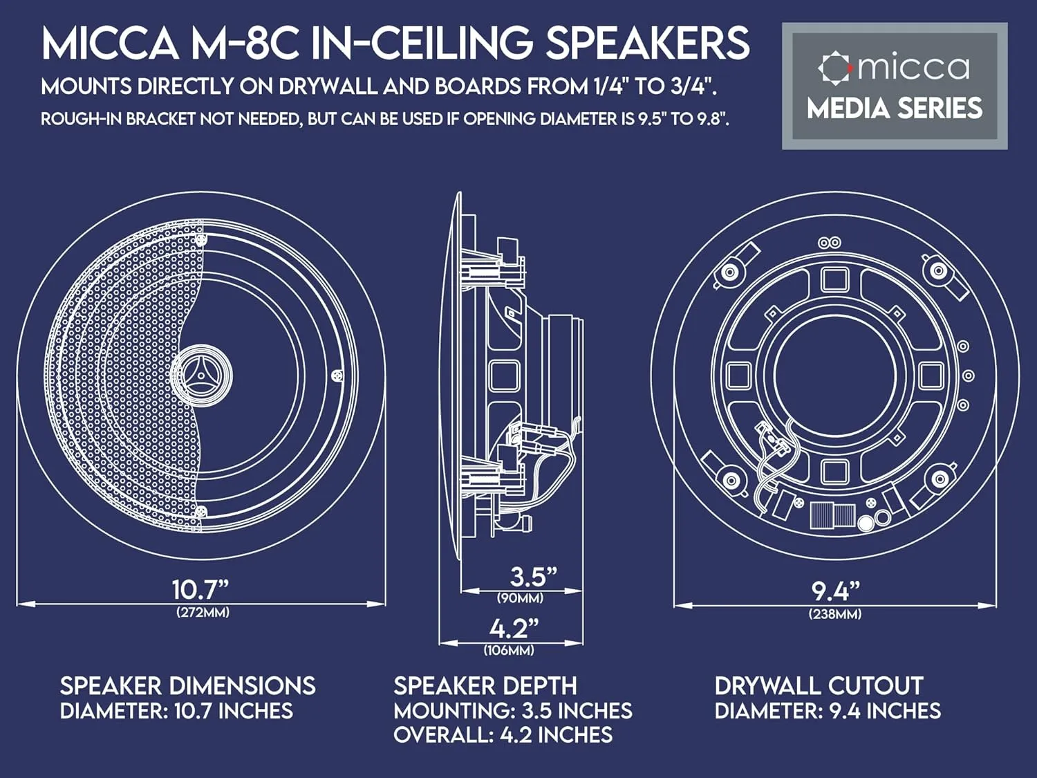 Micca M-8C 2-Way in-Ceiling Round Speaker, 9.4" Cutout Diameter, Whole House Audio, Home Theater, Indoor or Covered Outdoor, 8" Woofer, 1" Tweeter, White, Paintable, Each
