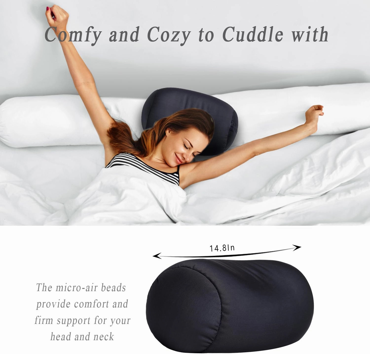 Microbead Neck Body Pillow Tube Microbead Bolster Bean Smooth Cool Pillow Neck Cervical Roll Pillow for Sleeping 7 x 12Inch Throw Travel Pillow(Carbon Black)