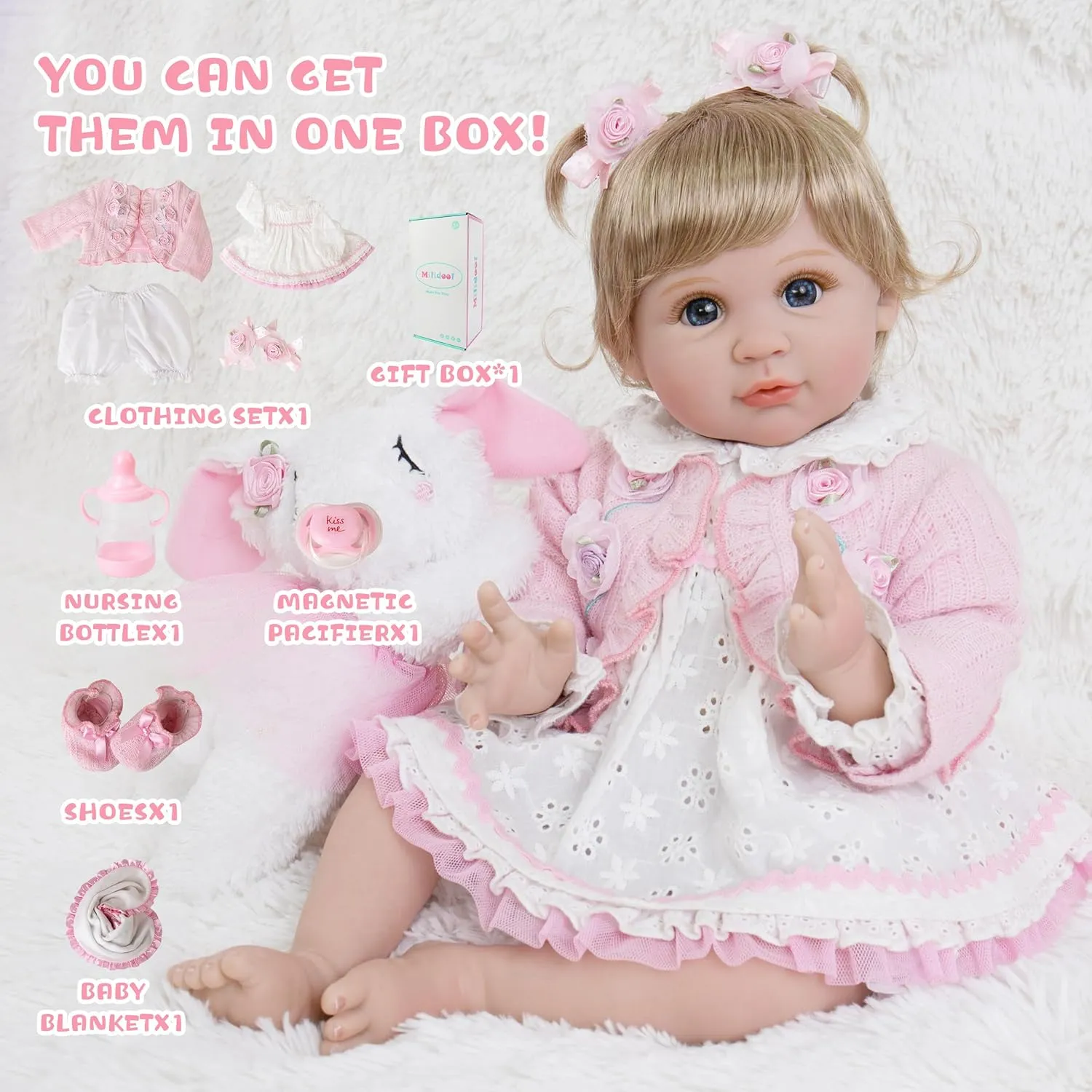Milidool Lifelike Reborn Baby Dolls Girl - Realistic Newborn Silicone Baby Dolls Girl Real Packaged with Bunny Toy Feeding Toy Accessories Gift Set for Kids Age 3 