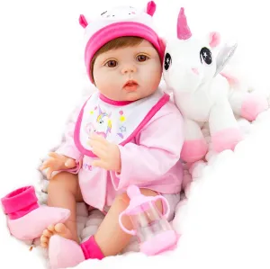 Milidool Reborn Baby Dolls,22 Inch Realistic Newborn Baby Girls Lifelike Weighted Baby Girl Dolls Pink Unicorn Reborn Baby Girl Dolls with Magnetic Pacifier Feeding Accessories Toy Set