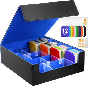 MIND&ACTION Trading Card Storage Box, 3200  MTG Deck Box with 12 Colorful Dividers & 8 Card Supporters, Commander Card Deck Case Fits for Magic Game Cards/YugiOh/TCG/PTG/Sport Cards (Black Blue)
