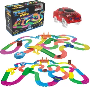 Mindscope Twister Tracks Mega Set Neon Glow in The Dark Flexible Track System with 547 Pieces Over 25 Feet of Track & Accessories