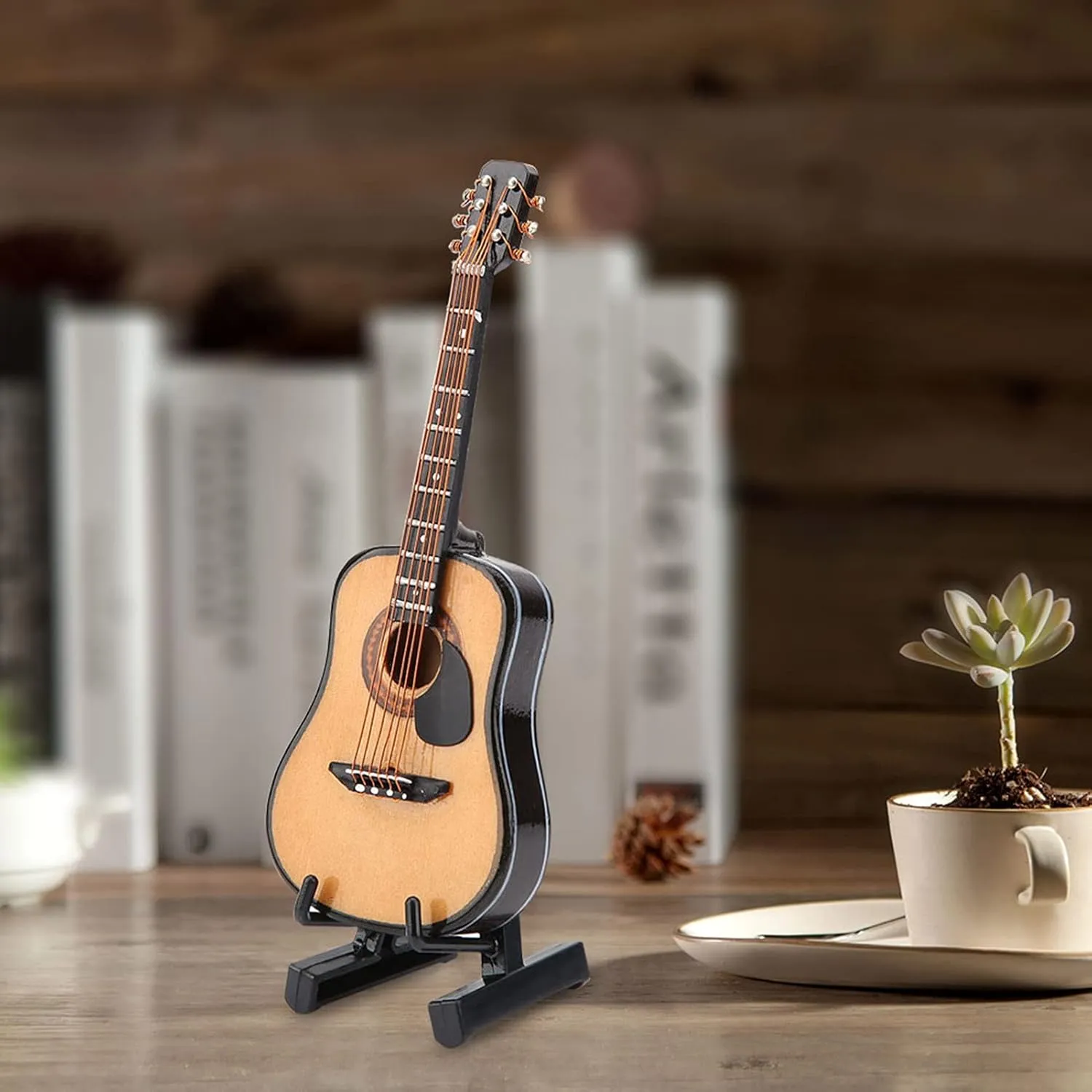 Miniature Guitar Model Decor, Wooden Miniature Guitar with Stand and Case Mini Musical Instrument Electric Guitar Replica Collectible Figurines Model Dollhouse Display Accessories (10CM)