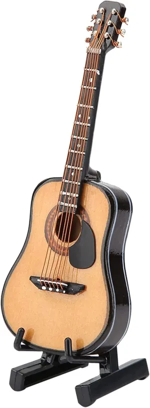 Miniature Guitar Model Decor, Wooden Miniature Guitar with Stand and Case Mini Musical Instrument Electric Guitar Replica Collectible Figurines Model Dollhouse Display Accessories (10CM)