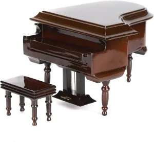 Miniature Piano, Mini Wooden Grand Piano Musical Instrument Model Ornament Dolls House Living Room Furniture Accessories with Stool