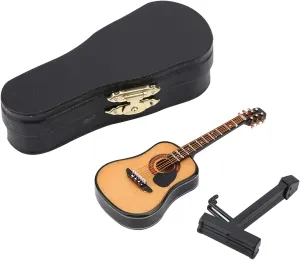 Miniature Wooden Guitar Model Dollhouse Musical Instrument Display with Stand Support and Case Dollhouse Accessories Small Craft Ornaments Home Decor (# 01)