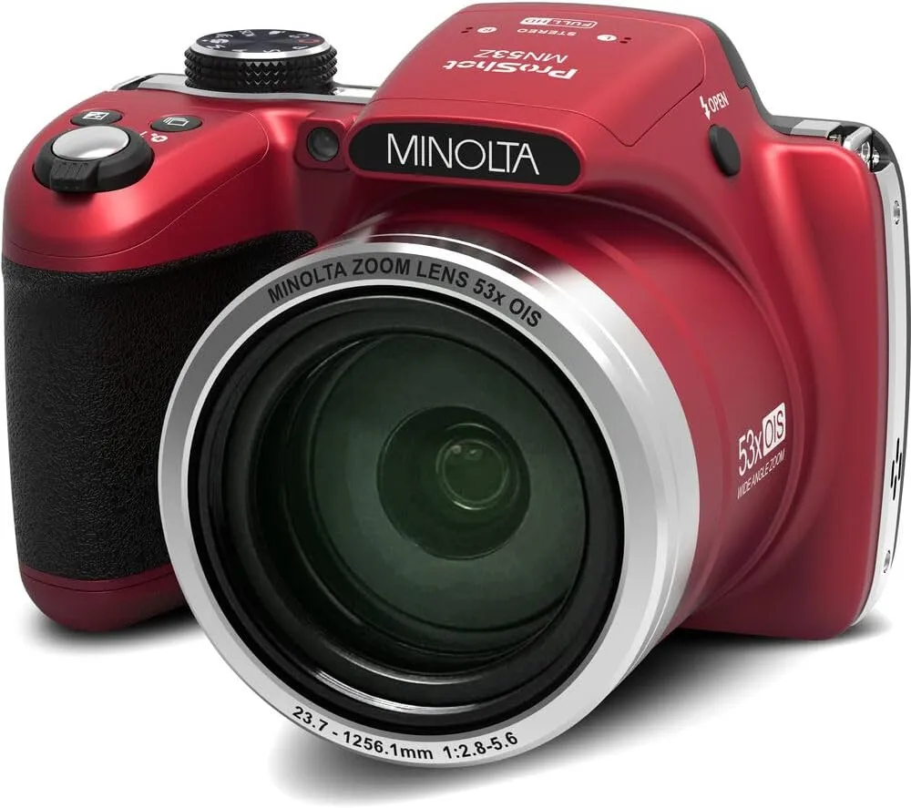 MINOLTA MN53Z 16 MP / 1080P FHD Bridge Digital Camera w/53x Optical Zoom (Red) Bundle with 32GB Memory Card   Camara Bag   Cleaning Kit   Vlogging Tripod   Accessories